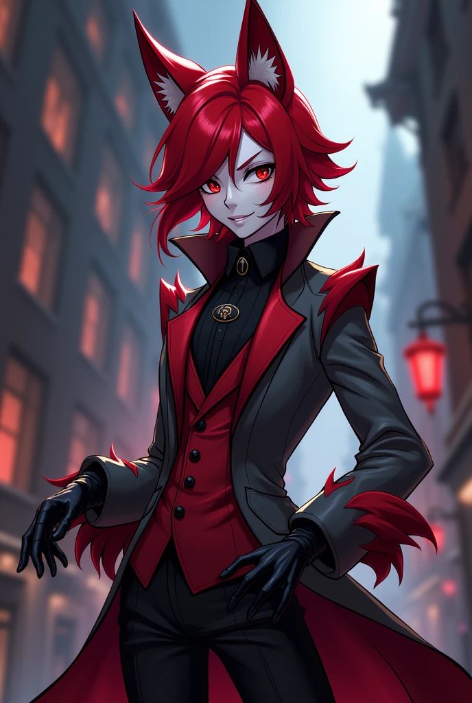 (Hazbin hotel toon style) In Hazbin Hotel, Amadeus has a striking appearance with a crimson and grey outfit, reminiscent of a pianist complete with leather gloves and a stylish fox-themed jacket. His hair is shoulder lenght, straight and crimson red, Amadeus' skin is pale white.