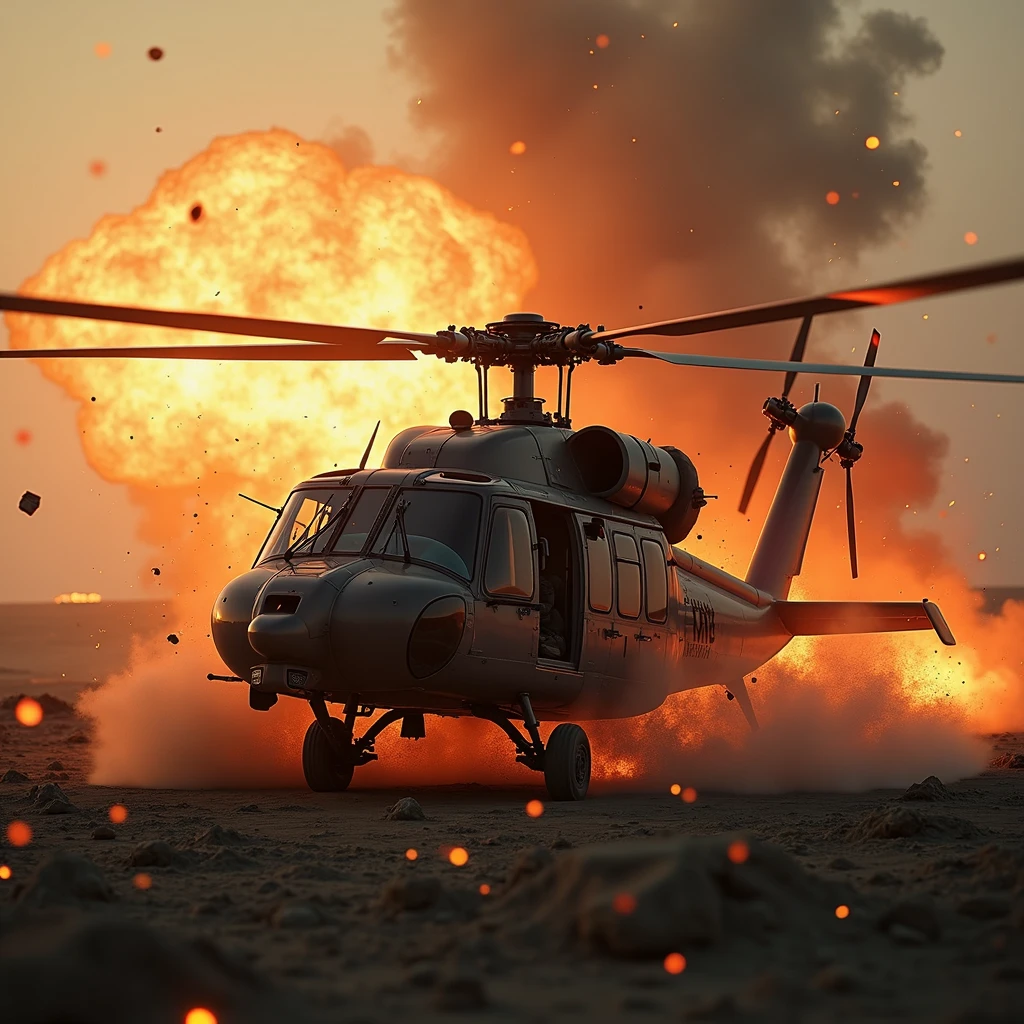 high resolution, best quality, backlit, Side corners, Masterpiece, precise, damaged, โมเดลhigh resolution, Highly detailed, high resolutionสุด, The Black Hawk helicopter was shot down and its blades exploded., There are explosives all around the Black Hawk helicopter,film lighting, film lighting, 