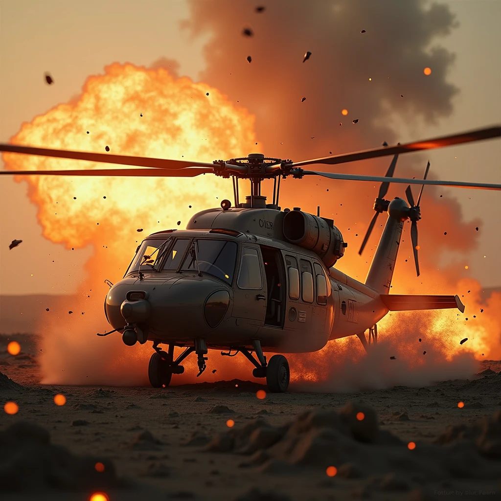high resolution, best quality, backlit, Side corners, Masterpiece, precise, damaged, โมเดลhigh resolution, Highly detailed, high resolutionสุด, The Black Hawk helicopter was shot down and its blades exploded., There are explosives all around the Black Hawk helicopter,film lighting, film lighting, 