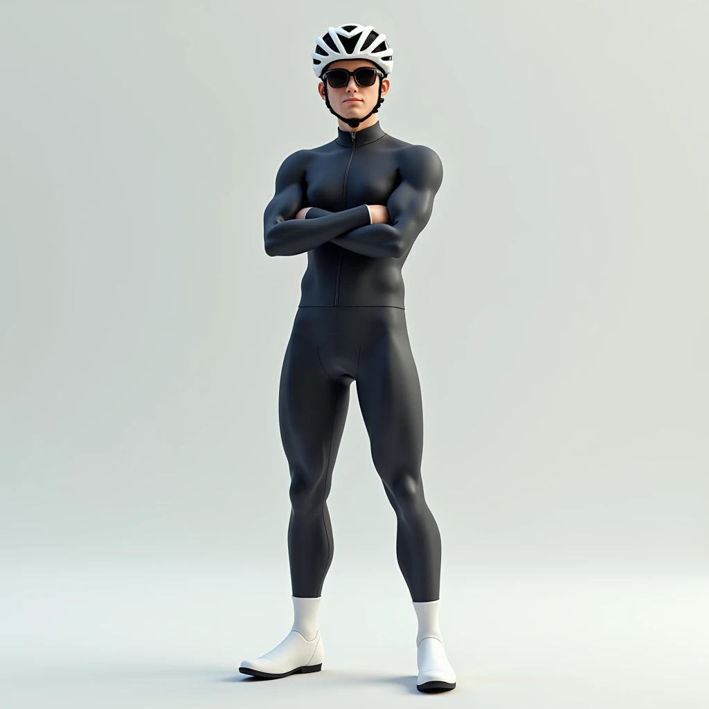 1 male,cyclist,Bodysuits,Are standing,Long tights,Long sleeve,White binding shoes,White cycling helmet,White Long Socks,Cycling sunglasses,No nipples,Arms crossed