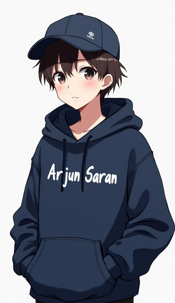 An anime boy, wearing a hoodie, a cap on his head, Arjun Saran is written on the hoodie, South Korean man Sehra on the front