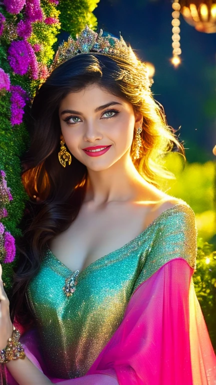 (a beautiful woman in a stunning gown of flowing silk with a radiant smile and captivating eyes),vibrant colors,highres,ultra-detailed,sharp focus,soft lighting,realistic,fantasy-inspired,portraits,subtle color palette,ethereal glow,fairytale,graceful,pastel shades,enchanted garden,lovely flowers,twinkling lights,whimsical ambiance