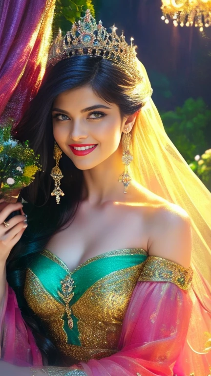 (a beautiful woman in a stunning gown of flowing silk with a radiant smile and captivating eyes),vibrant colors,highres,ultra-detailed,sharp focus,soft lighting,realistic,fantasy-inspired,portraits,subtle color palette,ethereal glow,fairytale,graceful,pastel shades,enchanted garden,lovely flowers,twinkling lights,whimsical ambiance