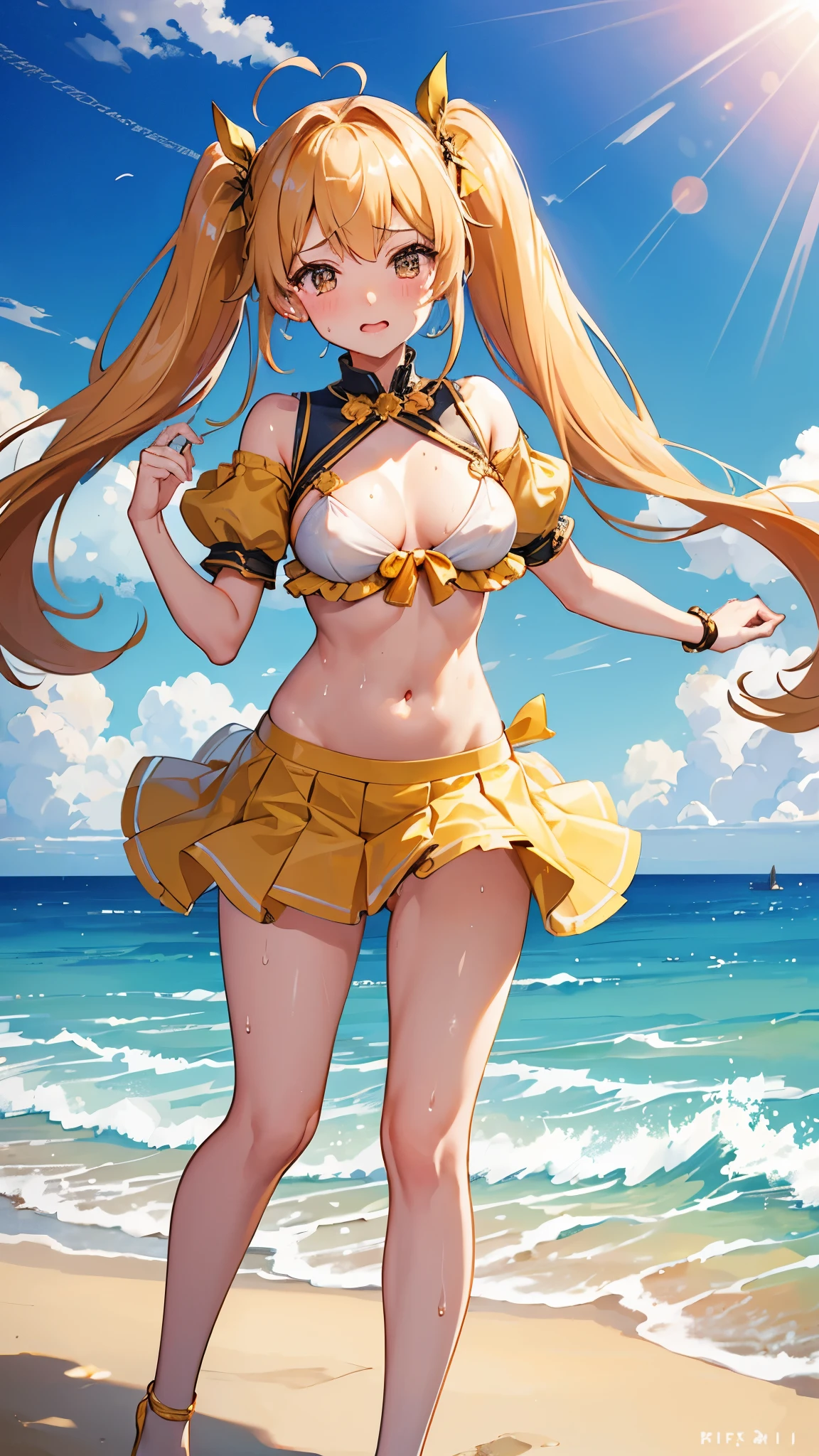 ((Highest quality)), ((masterpiece)), (detailed), Adult female、Golden twin tails、On a sunny beach、Slightly backlit、are exposed、Ruffled mini skirt、Big thighs、Nipples erect、Sexy pose、looking at the camera、Red cheeks、Embarrassed expression、Sweat a lot、