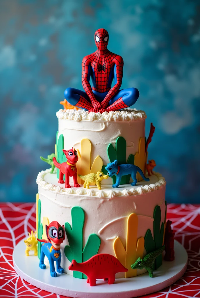 Spider-Man themed whipped cream birthday cake, with the paw patrol and dinosaurs on paper