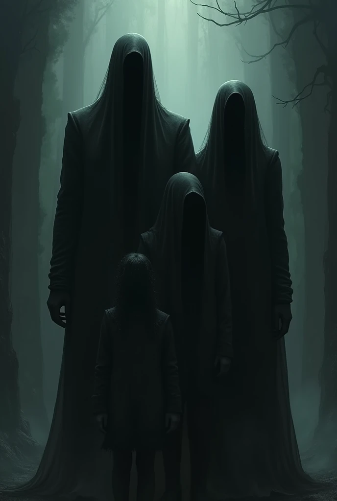 A shadowy family of a mother, a father, and two children