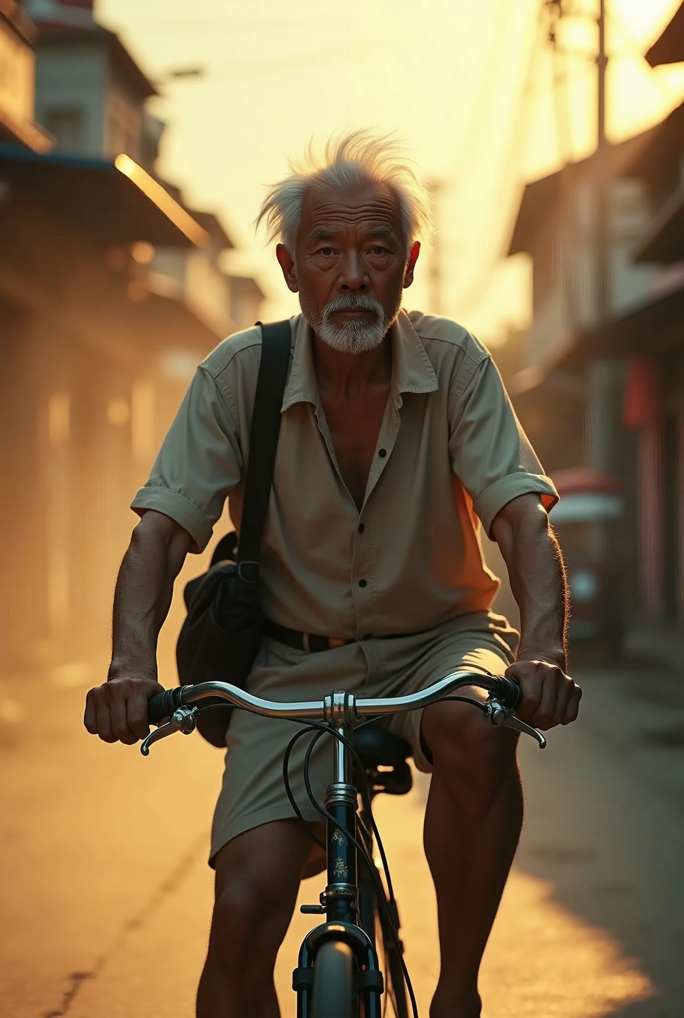 ( photo realism 1.2) photo realistic high detailed old Chinese male riding bicycle old Malay town background shoulder bag white hair and goatee morning dusk sunlight effect smoke effect 80's photo filter morning mode short trousers messy hair cinematic view dramatic view