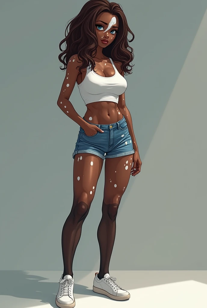 an adult anime woman who is a bit of a joker and calm at the same time, with a dark skin along with pale spots of vitiligo running through her body from head to toe, half of her left face separated by a large spot of a pale color from the vitiligo also affecting the color of her now white left eyelash forming a kind of wave at the edges. With deep blue eyes and small moles on her cheeks and shoulder, along with shoulder-length brown wavy hair and a small braid on the right side, with a body that is a little plump and curvy at the same time. With a full body image wearing a pair of jean shorts and wearing slightly sheer black stockings that reach up to the knees, wearing white sneakers and a white tank top that goes under her jean shorts.