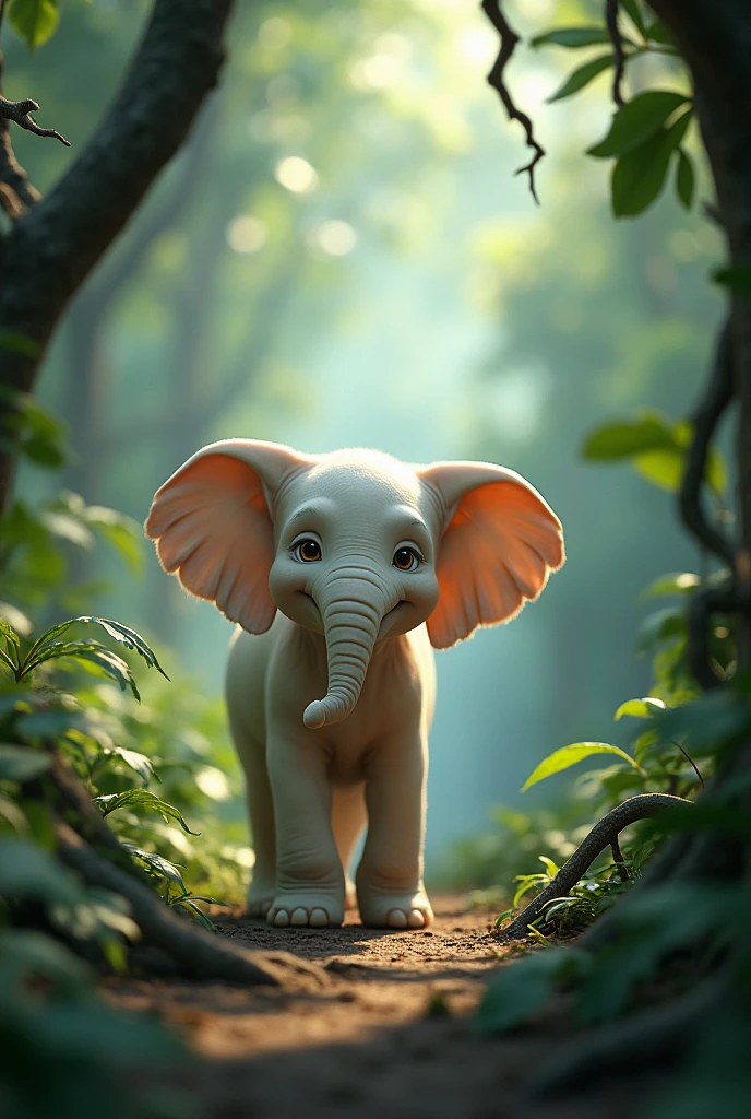 A cute white elephant was wandering through the dense jungle one day when suddenly, a strange and eerie sound echoed through the trees. The elephant paused, ears perked up, trying to figure out where the mysterious noise was coming from. What could be making such a sound deep in the heart of the jungle?”