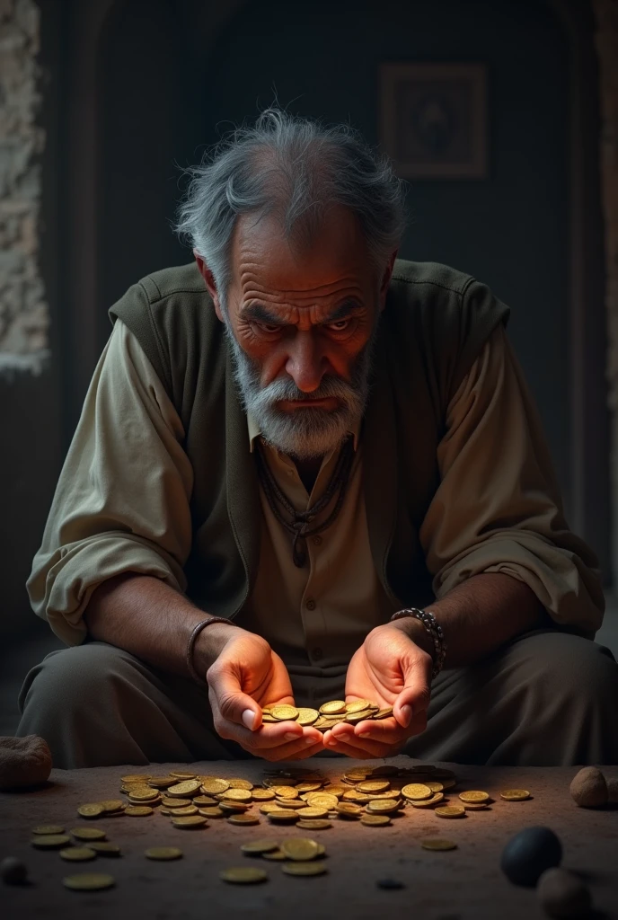 Ram sitting alone later, looking at the coins in his hand with a thoughtful expression, realizing that he might have been cheated.