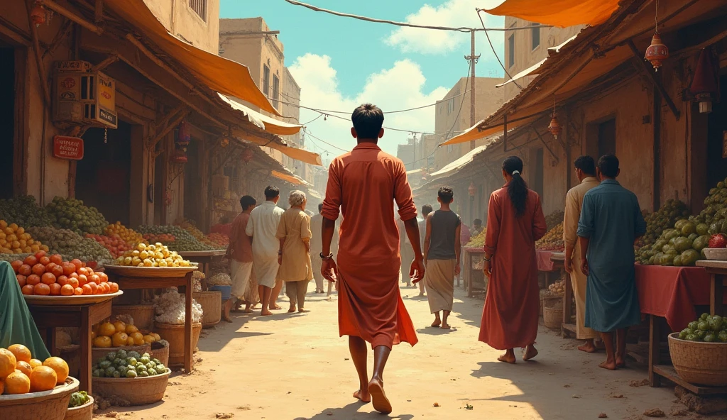 Kishan( a young man ) in the Market, Avoided by Villagers: Kishan is walking through the village market, carrying goods or making a purchase. Despite the market being crowded and lively, there’s a noticeable bubble of space around him as people avoid getting too close. The vendors and other villagers are depicted with subtle expressions of nervousness, watching Kishan out of the corner of their eyes. The market stalls are filled with vibrant colors of fruits, vegetables, and traditional Rajasthani items, contrasting with the tension in the air.