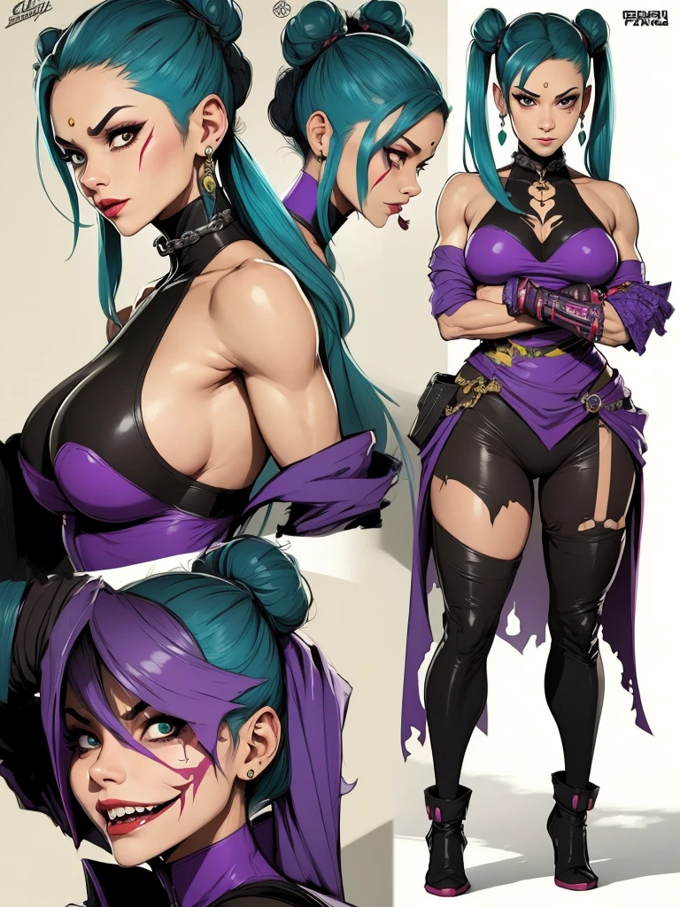 Chun-Li, once a fierce warrior, now a disturbingly transformed slave to the Joker's twisted whims. Her once vibrant skin has been eerily bleached to an unnatural alabaster white, a stark contrast to the clownish grin painted across her face. Her iconic blue qipao has been ripped away, replaced by a , tattered ensemble that accentuates her new, exaggerated  body. Her  are unnaturally enlarged and pushed up by a tight, neon-green corset, which is cinched so tightly it seems to defy the laws of physics. The corset's fabric matches the vivid color of her new pigtails, which are adorned with joker-themed bows that dangle playfully by her ears. Her  are similarly neon-green and so tiny that they  cover her fully  , which is adorned with a ring that matches the color scheme. The scene is set in a grimy, dimly lit room with a clown-themed backdrop, replete with macabre balloons and oversized playing cards scattered on the floor. The Joker stands behind her, his arms wrapped around her waist, his purple gloved hands resting on her  as he leers over her shoulder, a twisted smile etched into his own grotesque visage. Chun-Li's expression is a mix of horror and submission, her eyes glazed over with a disturbing mix of fear and acceptance. Her once strong stance is now one of defeat, with her legs slightly apart and her wrists bound in front of her by thick, coiled chains, leaving her completely vulnerable to the Joker's depraved desires. The harsh lighting casts long shadows across the scene, highlighting the stark contrast between the purity of her white skin and the garish colors of her new attire. Her muscular legs, now shackled in high-heeled boots, are spread slightly apart, emphasizing her now-  and the leather collar around her neck, which is attached to a chain that the Joker holds in his free hand, symbolizing her complete subjugation to his will. The overall atmosphere is one of twisted power character desesign