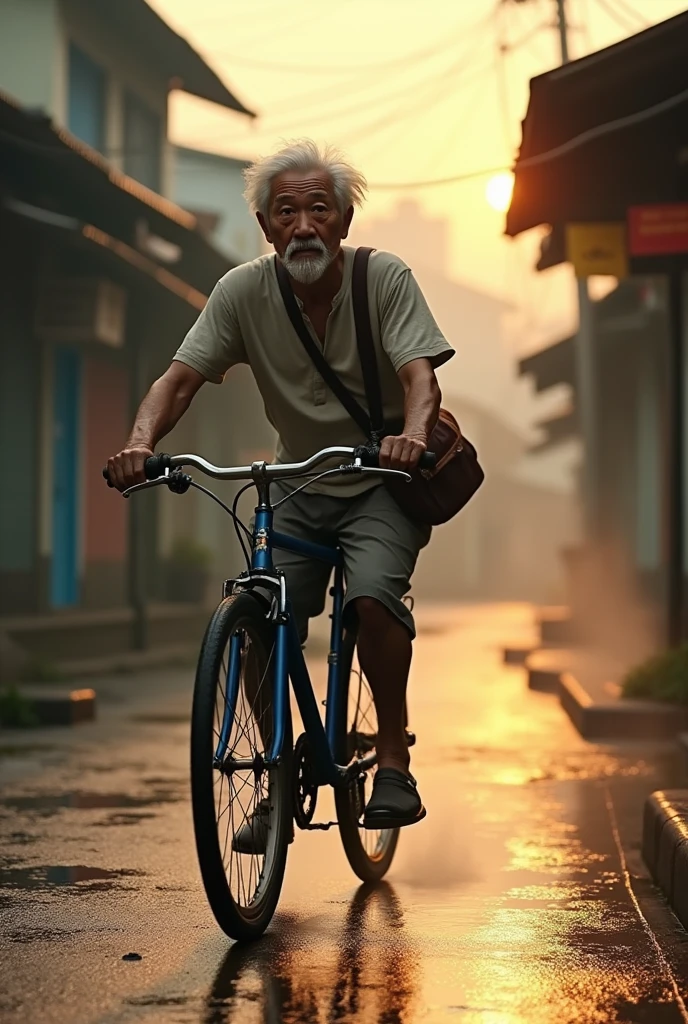 ( photo realism 1.2) photo realistic high detailed old Chinese male riding bicycle old Malay town background shoulder bag white hair and goatee morning dusk sunlight effect smoke effect 80's photo filter morning mode short trousers messy hair cinematic view dramatic view slippery wet road after rain