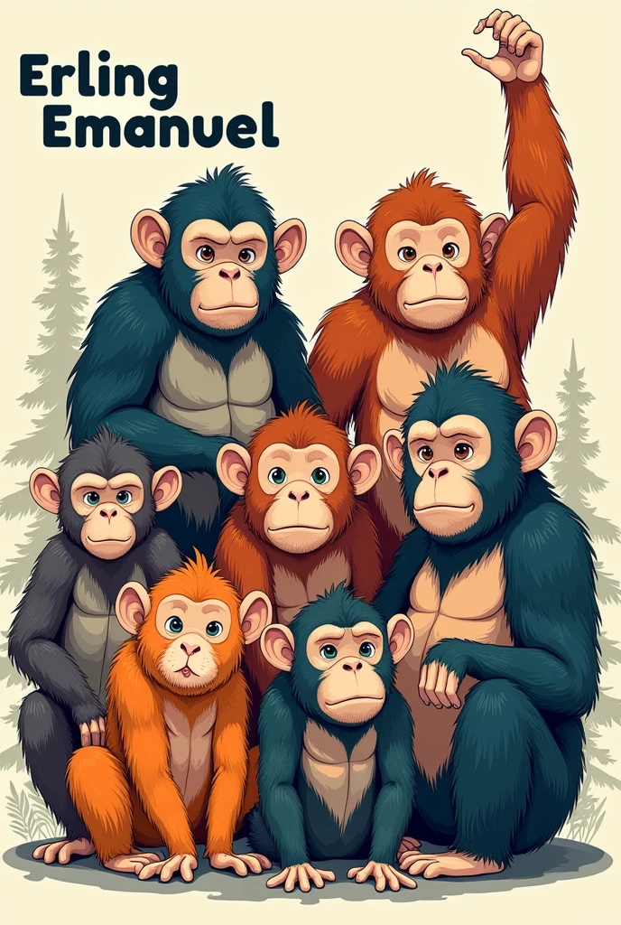 CREATE A NOTEBOOK COVER WITH THE NAME ERLING EMANUEL AND DRAWINGS OF PRIMATES