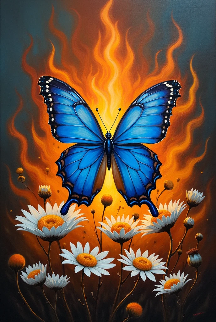 Blue butterfly consumed by flames, around the butterfly some white daisies, realistic painting