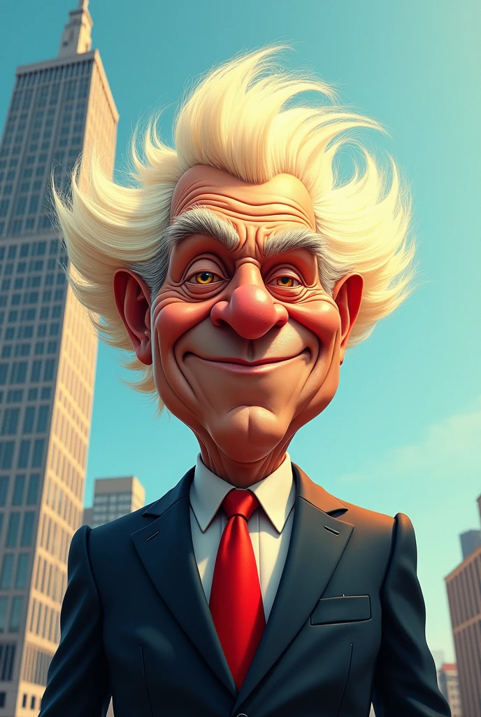 A caricature of a bombastic, larger-than-life figure in his 70s, with a distinctive gravity-defying blonde hairstyle, wearing a sharp suit that is slightly too big, a bright red tie, and an exaggerated facial expression of confidence mixed with self-importance, standing in front of a towering skyscraper, with the city skyline in the background, vibrant colors, during a sunny day, shot with a Sony A7R IV, 28mm lens, with a comic-style color palette.


