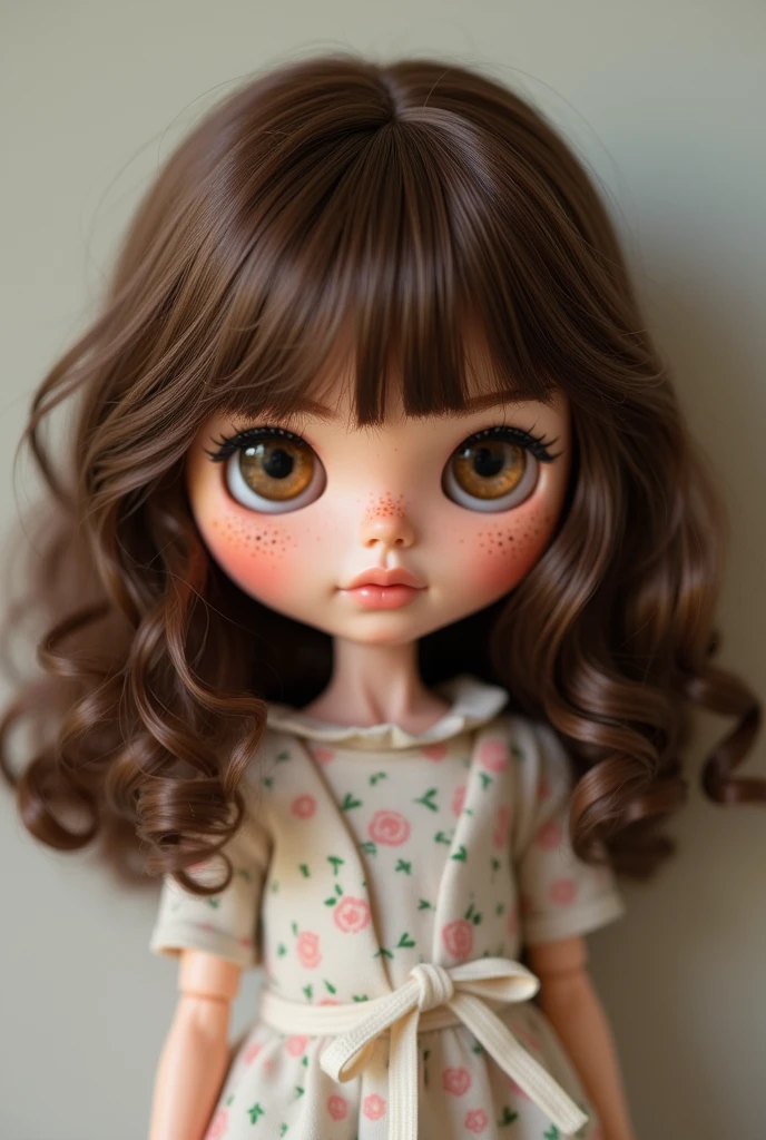 Blythe doll with layered hair, but wavy and medium, brown eyes,and brown hair ,and some freckles