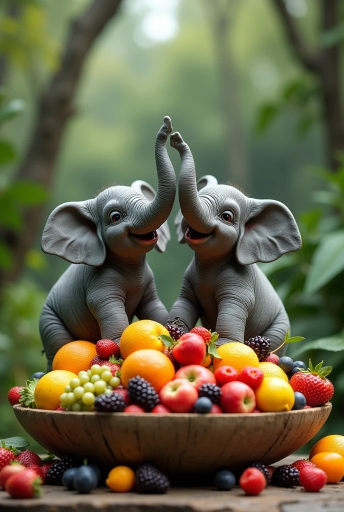 Make me a fruit bowl with two dark gray elephants and they have their trunks up 
