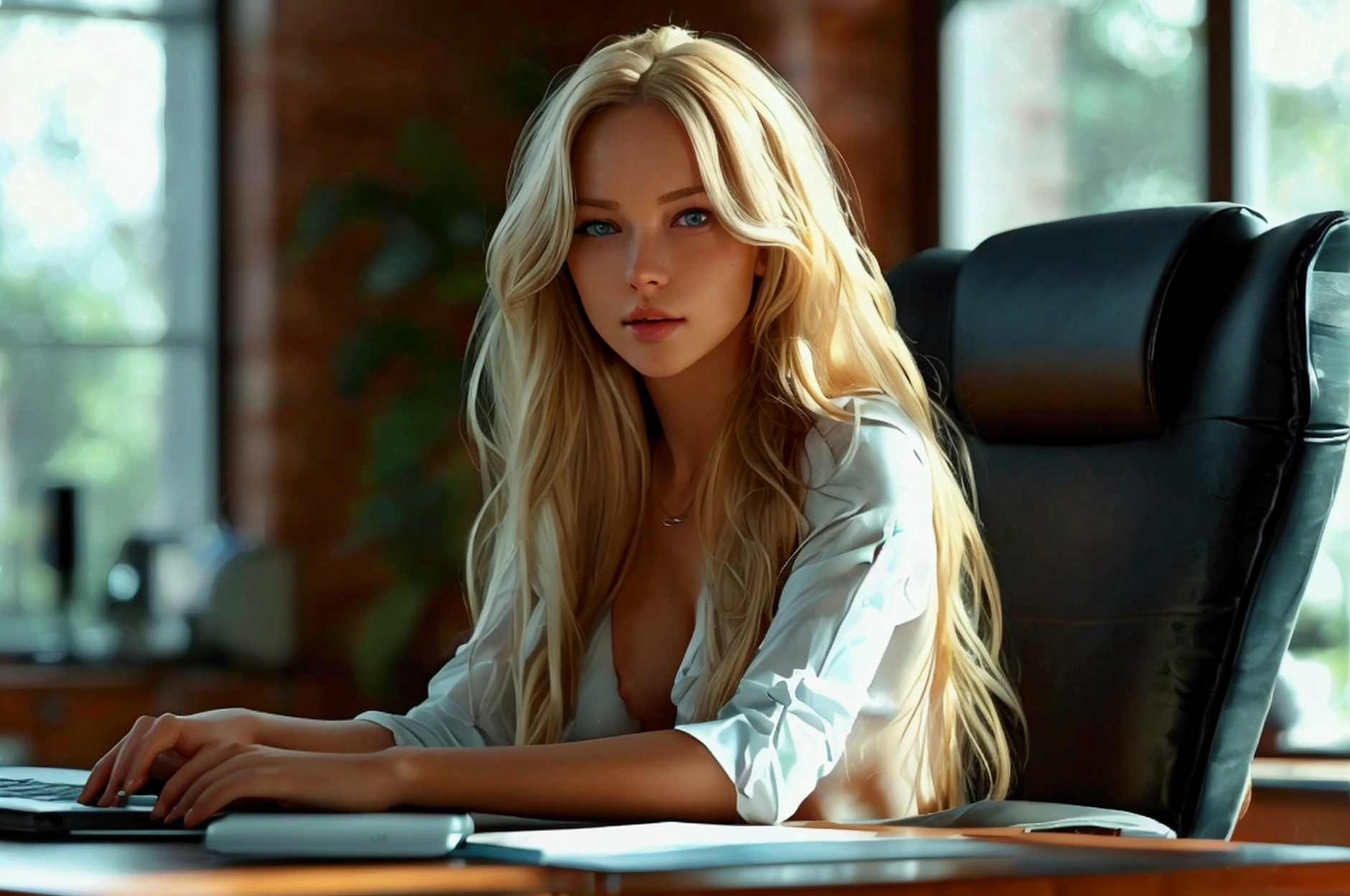 a beautiful girl with long blonde hair, detailed eyes, nose, and lips, ((full body view)), ((full naked)), ((riding a dildo)), in her office, (sitting on her desk), (completely naked), ((spreading her legs)), hp computer (best quality,4k,8k,highres,masterpiece:1.2),ultra-detailed,(realistic,photorealistic,photo-realistic:1.37),HDR,studio lighting,extremely detailed face and body, portrait,cinematic lighting,dramatic lighting,warm color tones, dramatic colors
