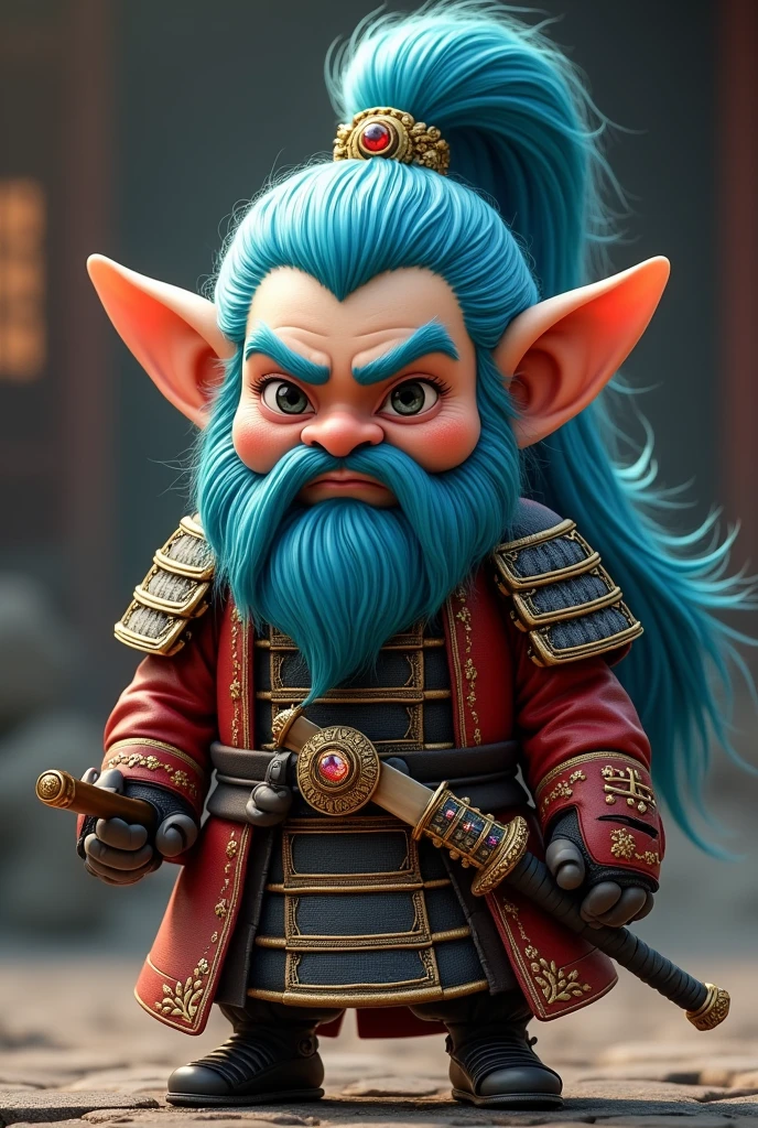 Create a Samurai Gnome with a Beautiful Face, in medieval samurai clothes long blue hair, and of average height, with a great aura of power emanating from him