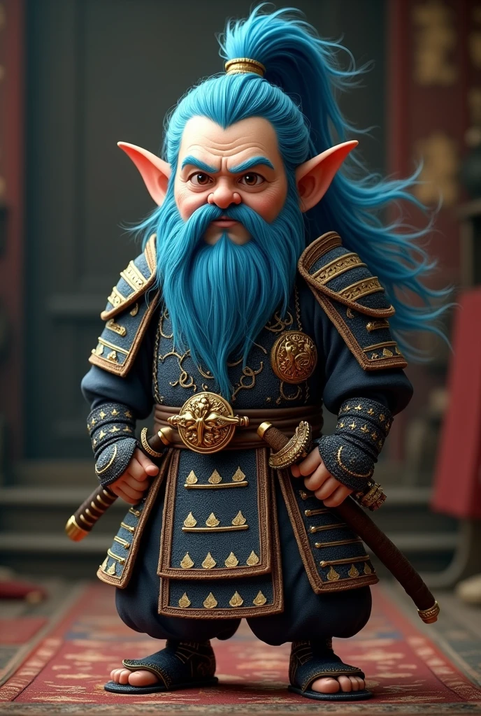 Create a Samurai Gnome with a Beautiful Face, in medieval samurai clothes long blue hair, and of average height, with a great aura of power emanating from him