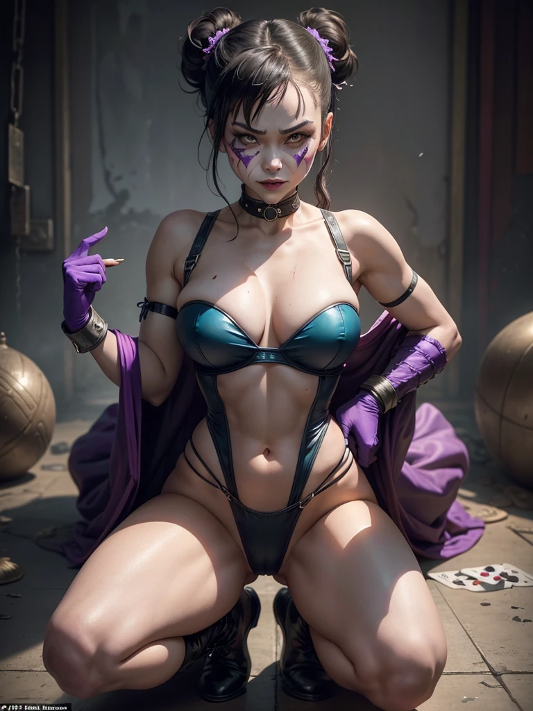 Chun-Li, once a fierce warrior, now a disturbingly transformed slave to the Joker's twisted whims. Her once vibrant skin has been eerily bleached to an unnatural alabaster white, a stark contrast to the clownish grin painted across her face. Her iconic blue qipao has been ripped away, replaced by a skimpy, tattered ensemble that accentuates her new, exaggerated MILF body. Her breasts are unnaturally enlarged and pushed up by a tight, neon-green corset, which is cinched so tightly it seems to defy the laws of physics. The corset's fabric matches the vivid color of her new pigtails, which are adorned with joker-themed bows that dangle playfully by her ears. Her panties are similarly neon-green and so tiny that they barely cover her fully exposed pussy, which is adorned with a ring that matches the color scheme. The scene is set in a grimy, dimly lit room with a clown-themed backdrop, replete with macabre balloons and oversized playing cards scattered on the floor. The Joker stands behind her, his arms wrapped around her waist, his purple gloved hands resting on her hips as he leers over her shoulder, a twisted smile etched into his own grotesque visage. Chun-Li's expression is a mix of horror and submission, her eyes glazed over with a disturbing mix of fear and acceptance. Her once strong stance is now one of defeat, with her legs slightly apart and her wrists bound in front of her by thick, coiled chains, leaving her completely vulnerable to the Joker's depraved desires. The harsh lighting casts long shadows across the scene, highlighting the stark contrast between the purity of her white skin and the garish colors of her new attire. Her muscular legs, now shackled in high-heeled boots, are spread slightly apart, emphasizing her now-exposed pussy and the leather collar around her neck, which is attached to a chain that the Joker holds in his free hand, symbolizing her complete subjugation to his will. The overall atmosphere is one of twisted power dynamics and perve