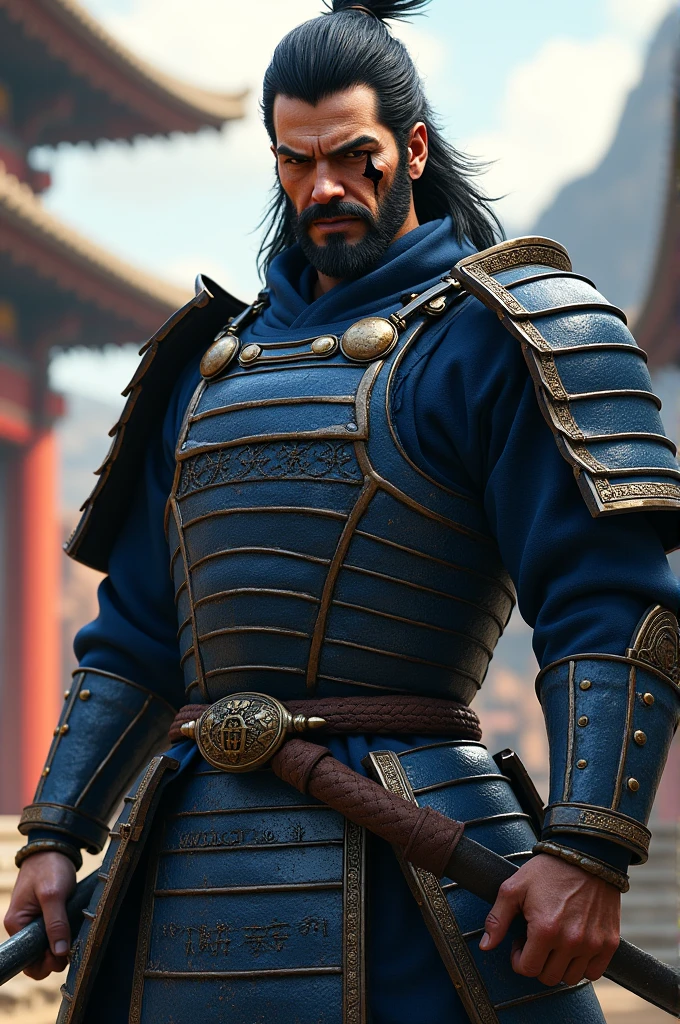 A male middle aged with long spikey black hair brown eyes with a scar on his left cheek wearing a blue samurai suit
