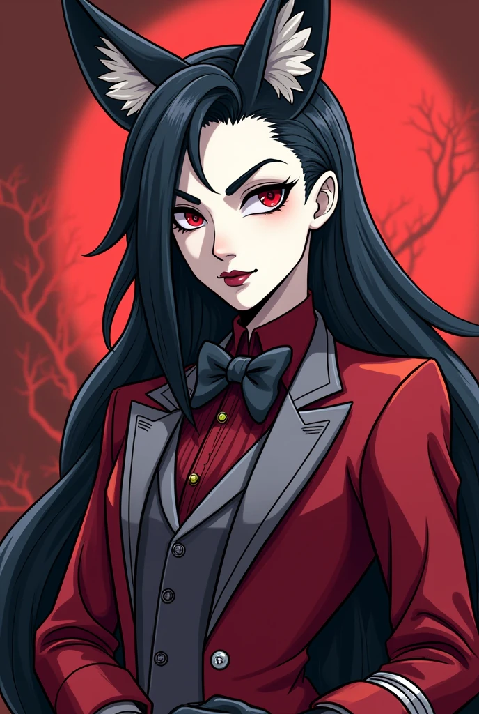 (Hazbin hotel toon style) In Hazbin Hotel, Amadeus has a striking appearance with a crimson and grey outfit, reminiscent of a pianist complete with leather gloves and a stylish fox-themed jacket. His hair is straight and dark, Amadeus' skin is pale white.