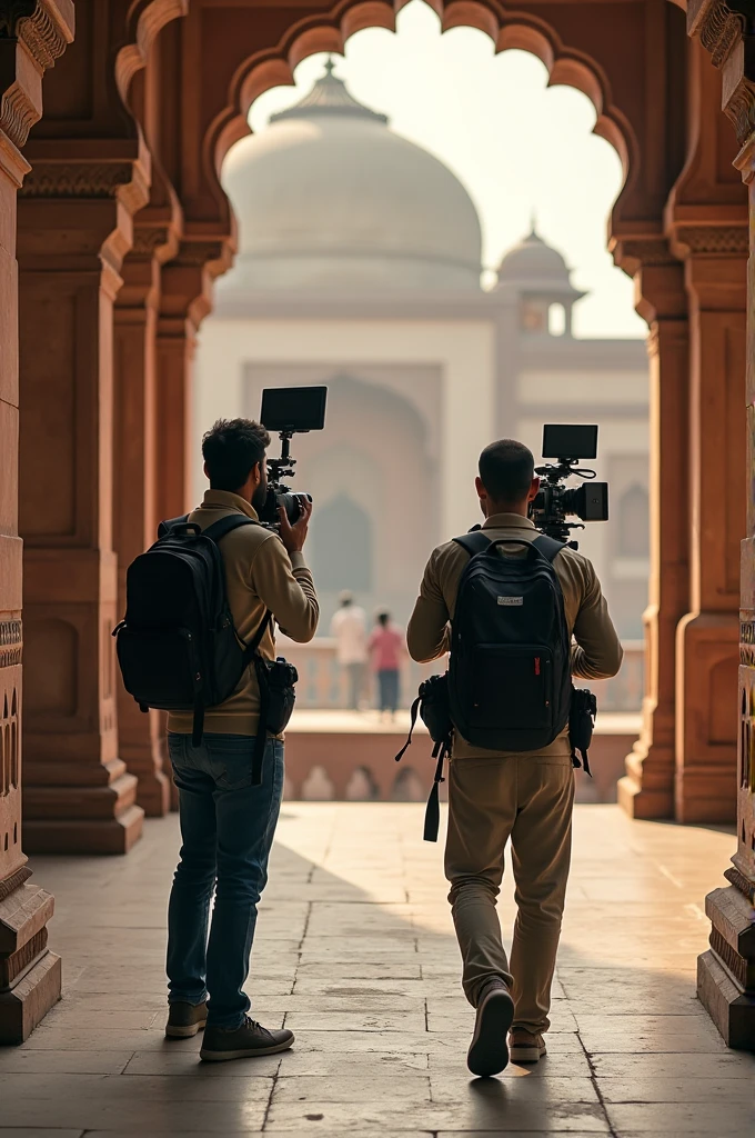 Two guys filming architectural heritage sites in India