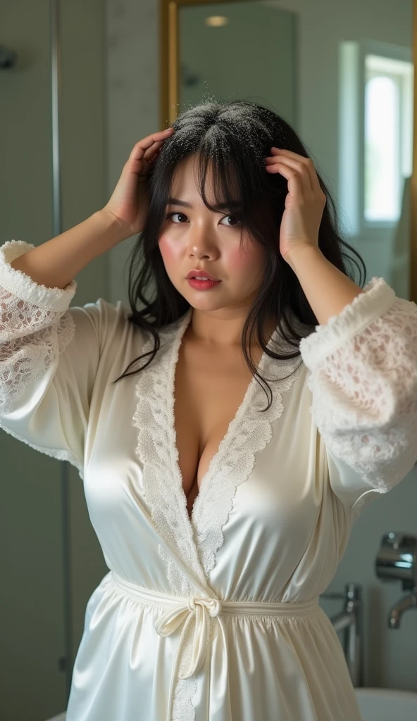 Create an Asian beauty，Wearing a white lace satin bathrobe，Proud and plump figure，Slim waist，Scratching the scalp with both hands，There is a lot of dandruff on the top of the head，The expression is hideous，The characters are realistic and realistic，Bathroom Background，9:16 frames，Ultra-high-definition picture quality
