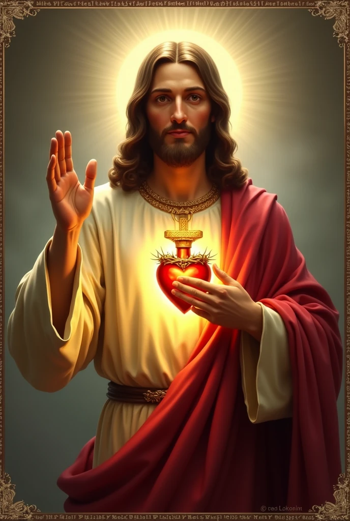 In this sacred image, Jesus Christ is depicted with a tender and loving expression. His head is often slightly tilted, and his eyes exude compassion and serenity. He is portrayed with his right hand raised in blessing, and his left hand is placed over his heart.

The Sacred Heart itself is central to the image, prominently visible on Jesus' chest. It is often shown as a realistic, flaming heart surrounded by a crown of thorns. The flames are depicted as bright and intense, symbolizing the fervent love and divine zeal of Christ. The crown of thorns encircling the heart signifies the suffering and sacrifice of Jesus, as well as the redemption offered through his pain.

Jesus is typically clothed in a robe, which is often rendered in rich, deep colors such as red or white, symbolizing purity and sacrifice. The robe is usually adorned with a sash or cord, adding to the overall regal appearance. The background of the image can vary, but it is commonly depicted with a soft, glowing light or radiant aura that emphasizes the sacredness of the scene.

Additional elements may include the depiction of rays of light emanating from the Sacred Heart, symbolizing the grace and divine love that extends to all humanity. The image may also be framed by various religious symbols or inscriptions, often conveying messages of faith, hope, and love.

Overall, the Sacred Heart of Jesus is a powerful and evocative image, rich in religious significance and imbued with deep spiritual meaning.

