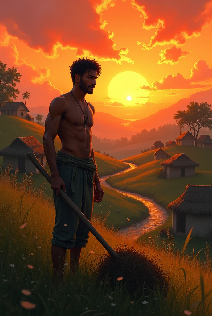 Ram working hard in the village, determined to succeed, with a focused expression on his face, and the sun setting in the background, symbolizing his newfound wisdom and resolve.