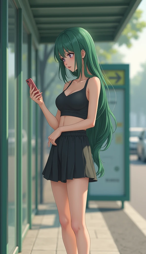 Realistic.4K.Sweet Korean girl with green hair.Standing waiting for the bus. Her breasts are small. She's wearing a black sports bra that shows off her breasts. She's wearing a short black skirt underneath. She's looking at her phone. Her feet are bare and beautiful.legs are white and beautyful
