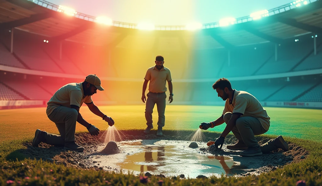 create 16:9 YouTube thumbnail cement cricket pitch making, background greeny cricket stadium in rainbow colours, village style, 3people working on main pitch , one with bottle of water, another person sprinkling water, another person with cement , , with beautiful background colours, attractive letter on the Image, write Cement cricket pitch making on the generated image 
