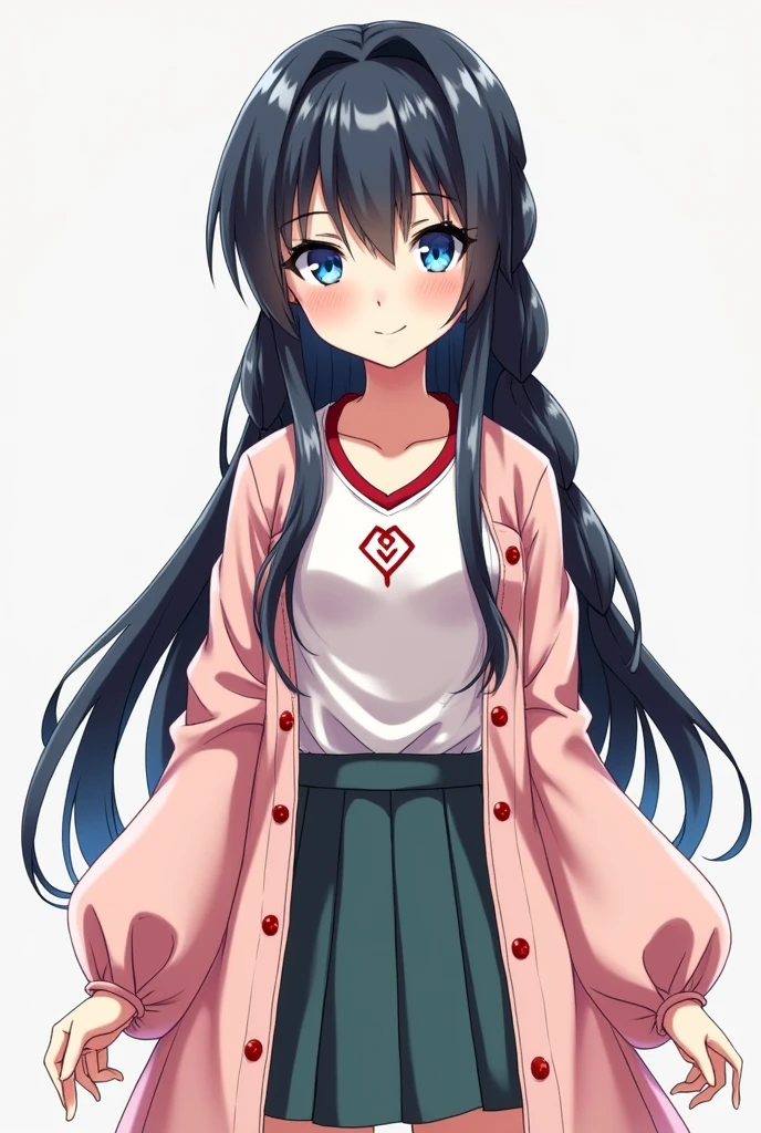 A girl in the style of the anime Hunter x Hunter.
Similar to Killua, with long hair in braids, dark hair and blue eyes like Killua's, more braids, she smiles more to resemble the anime style from the anime Hunter x Hunter.
Without red cheeks and with two small pigtails on the sides and without red blush, she resembles Killua with long hair, a long pale pink blouse and a white T-shirt with red decorations on top and a skirt dressed in a kimono.