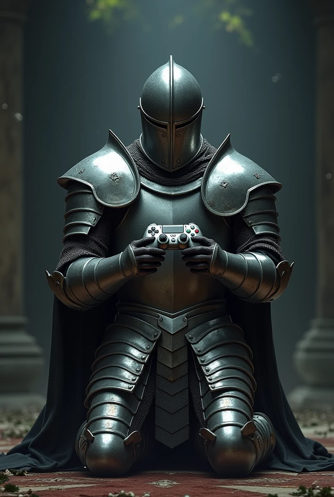 Armored knight kneeling handing a video game controller