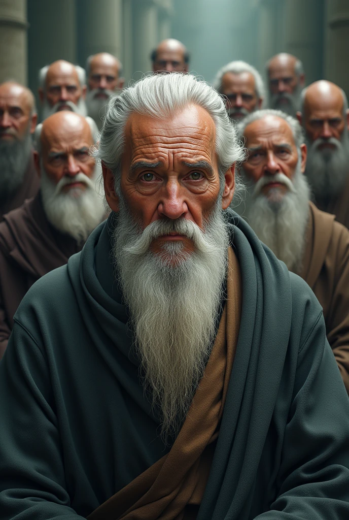 Seven wise old men, 3 of them old and wise women of various ethnicities behind each other, 3 on each side and one in the middle with a mysterious and charming appearance.. He has a white, well-groomed beard, his face is marked by wrinkles that tell stories of a long life full of wisdom. His eyes are clear, as if they held the secrets of the universe, radiating a deep serenity and knowledge. He wears a simple robe, yet elegant, that reinforces his aura of mystery and beauty. With a mysterious background that evokes wisdom. The image must be horizontal 1920 x 1080