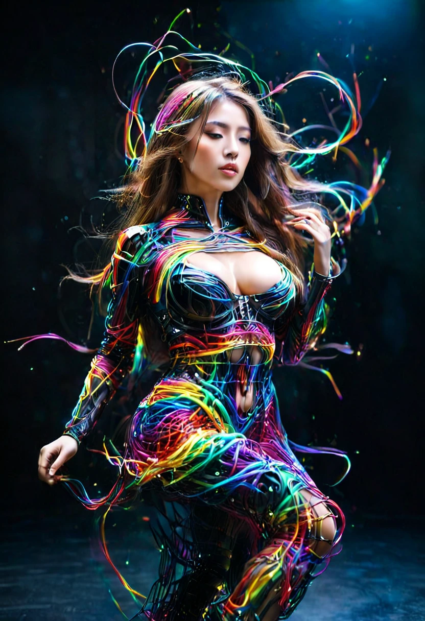 Ultra-Realistic Capture,18k,RAW Photos,Highest quality,masterpiece,reality,Very detailed,Sharp Photos,Very beautiful woman,Automata,cyber punk,20-year-old ,Model body type,slim,Large Breasts,Very long dress made of particles,Very detailedな電子機器の骨格,Mechanical joints,Many connecting lines,Rainbow colors,Very long hair,Sexy pose,Seductive pose,Acrobatic pose,(Detailed face),