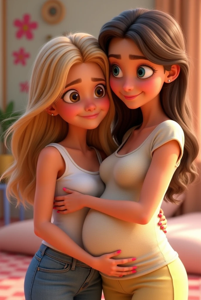 Draw two women hugging as friends, one is blonde with brown eyes and is pregnant, the other is white, with brown hair and blue eyes, all this in the Pixar animation style, and with the title Mari and Narrima best friends