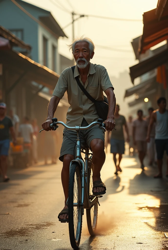 ( photo realism 1.2) photo realistic high detailed old Chinese male riding bicycle old Malay town background shoulder bag white hair and goatee morning dusk sunlight effect smoke effect 80's photo filter morning mode short trousers messy hair cinematic view dramatic view slippery wet road after rain morning market people walking