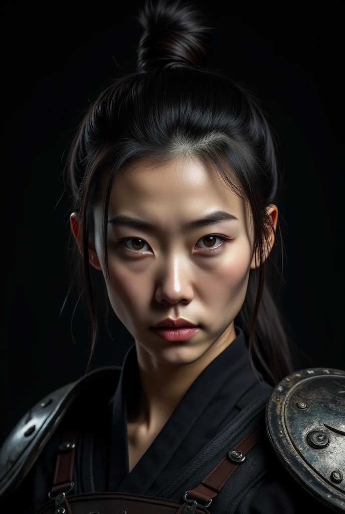 Only from the shoulders up, make a South Korean warrior woman with a black background