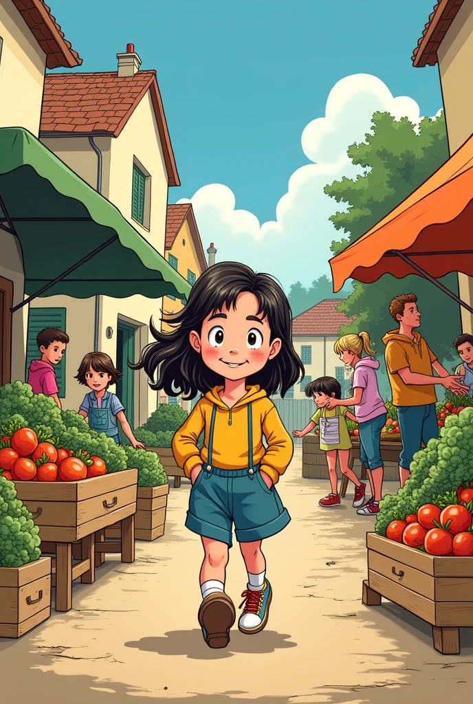 créer une couverture de bande dessinée , type bande dessiné des Martine de casterman en 1970 de gabriel Delahaye. on voit une  de 8 ans faire le marché avec des legumes. 
ECRIRE le titre de la couverture " Emilie fait son marché à Entre-Deux-Guiers " + " Le Vendredi" 