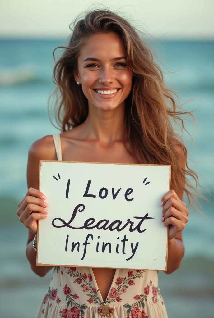 Beautiful girl with wavy long hair, bohemian dress, holding a white board with text "I Love Seaart Infinity" and showing it to the viewer