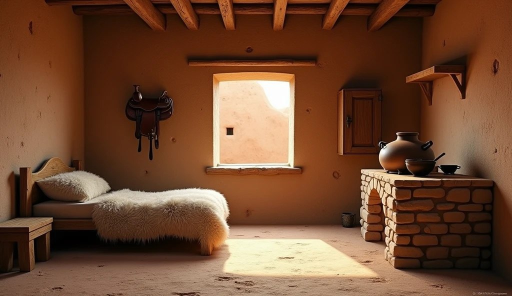 a backdrop for a stage set, it's inside an adobe house, on the right is the stone kitchen, pot and utensils and to the left in the same room is the bed with sheepskin blankets not so exaggerated and above a window,without appliances, that the mud walls can be seen, On the wall hanging 1 saddle and a wooden cupboard
