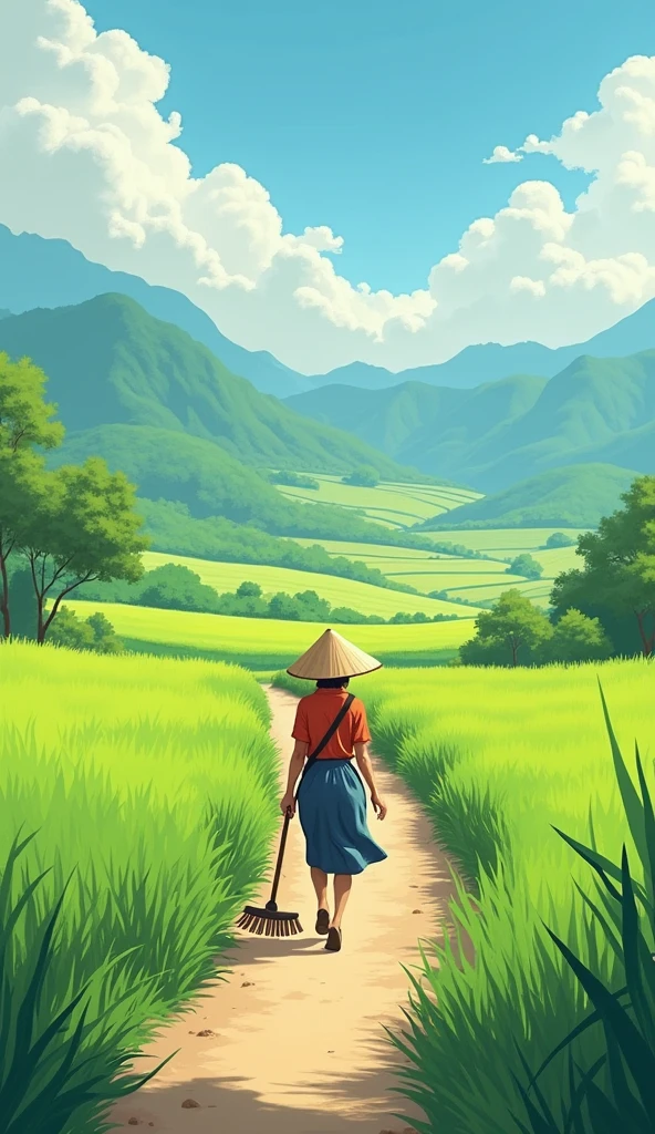 Nam is 20 years old and dressed in farmer's clothes.,Wearing a conical hat and holding a sickle, they walk down the small village road., on both sides are green fields.hình 2d