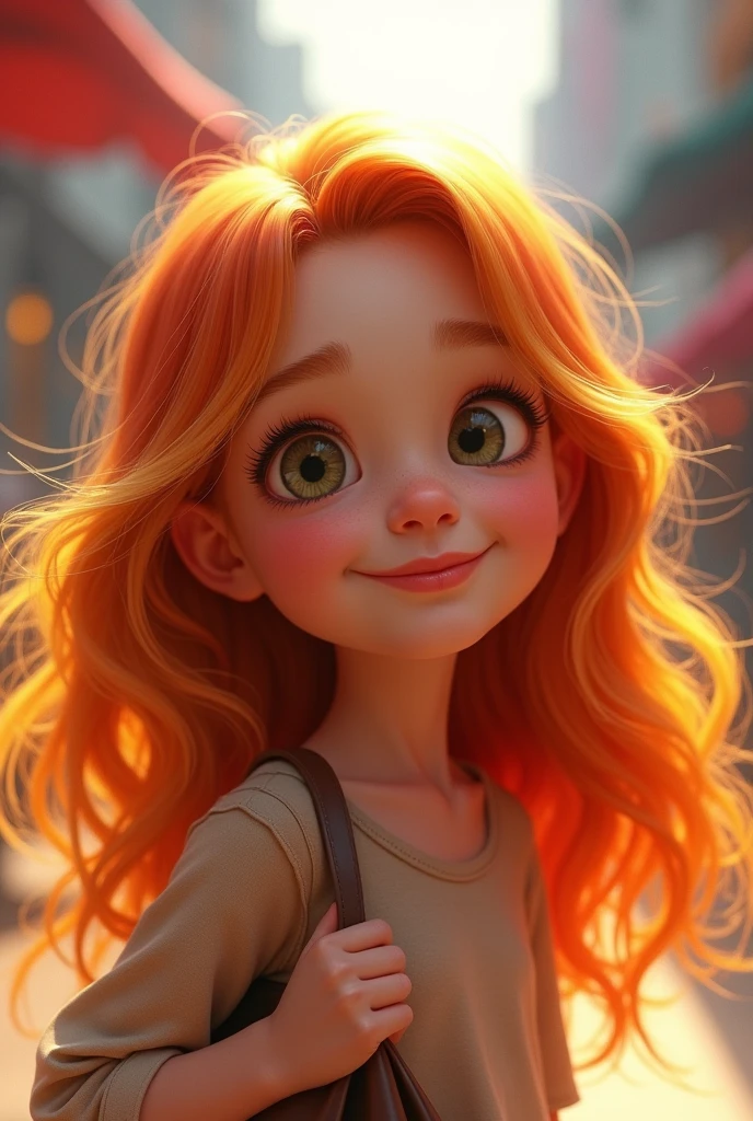 Pixar-style: blonde and red-haired girl, with her hair down, cropped black and a shopping bag
