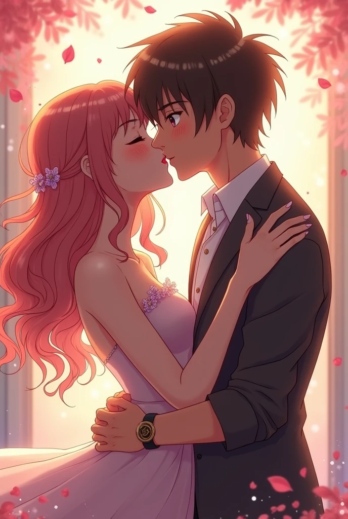 anime couple kissing, a woman and a man