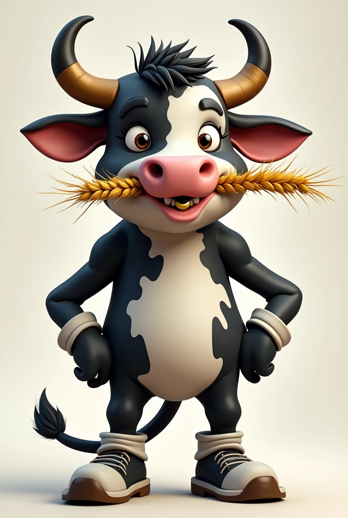 Personnage inspiré d'une vache cartoon avec des tache marrons est blanche des corne fine sur sa tête du blé sur sa bouche des soulier noir est blanc sur s'est sabot des sabot en main une bague d'or sur sont nez est que le personnage a un côté un de cartoon est un côté de vache très adulte est dangereux avec un visage menaçant