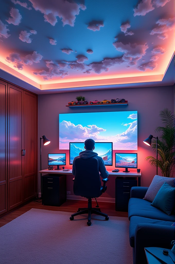 a big room, with a hot wheels shelf, a gamer screen , with a brown closet, with a false ceiling like clouds and little lights , with a large mirror in front