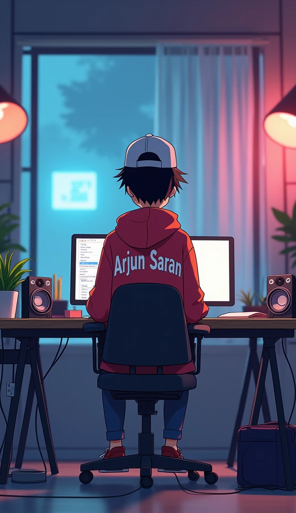 An anime studio with a table, a computer on the table, an anime boy wearing a hoodie, a cap on his head, Arjun Saran written on the hoodie, South Korean man Sehra on the front